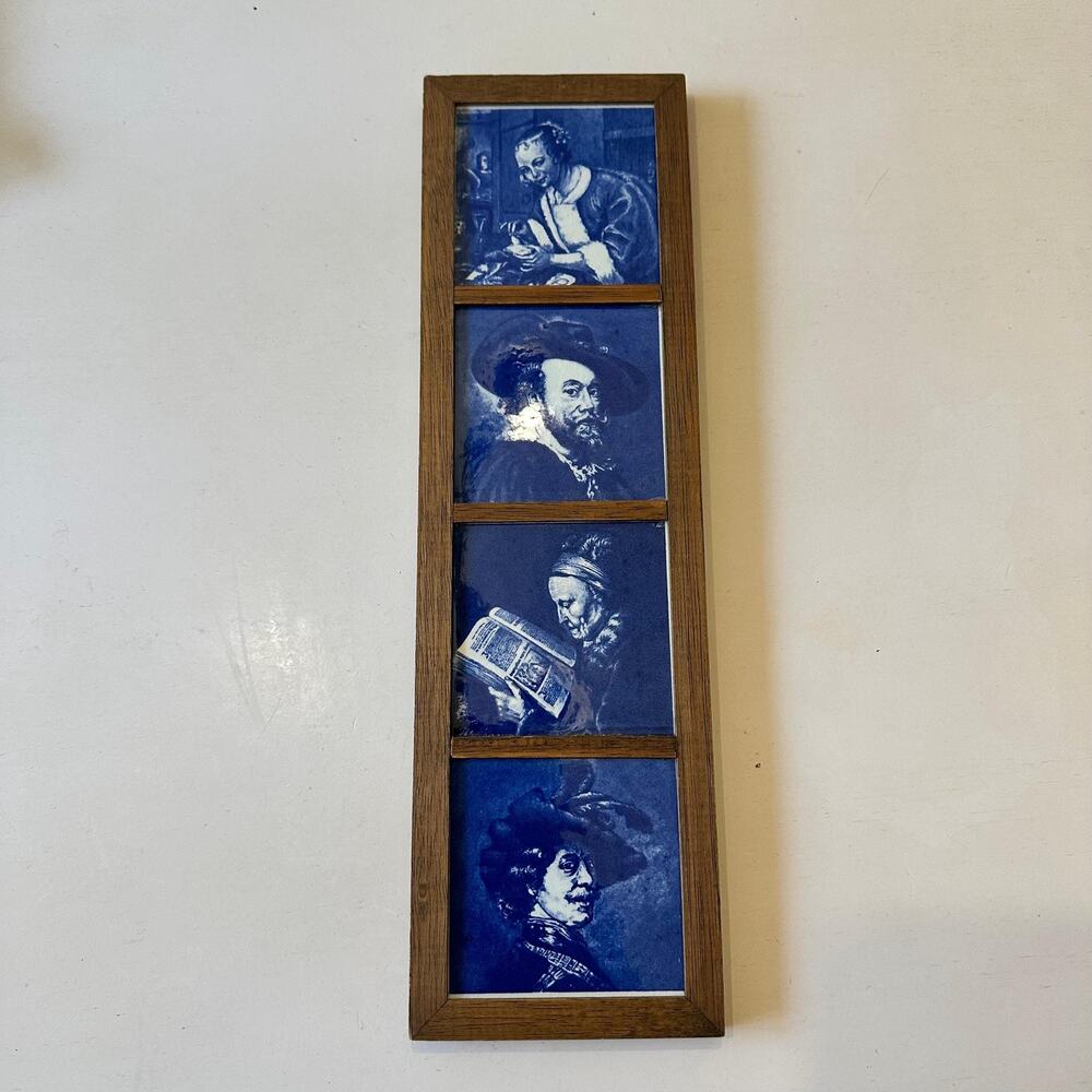 Vintage Delft Blue Tile Panel: Hand-Painted Dutch Masters in Wood (12.5" x 3.5")